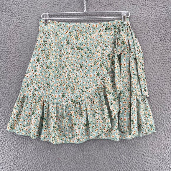 Lulus Skirt Womens Medium Flourishing Dreams Green Floral Wrap Mini Ruffle NWT - Picture 1 of 9